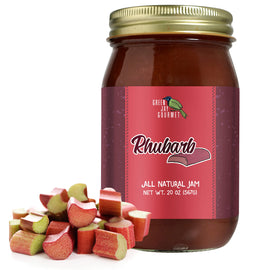 Green Jay Gourmet Rhubarb Jam bottle showcasing rich color and breakfast-worthy fruit flavor.