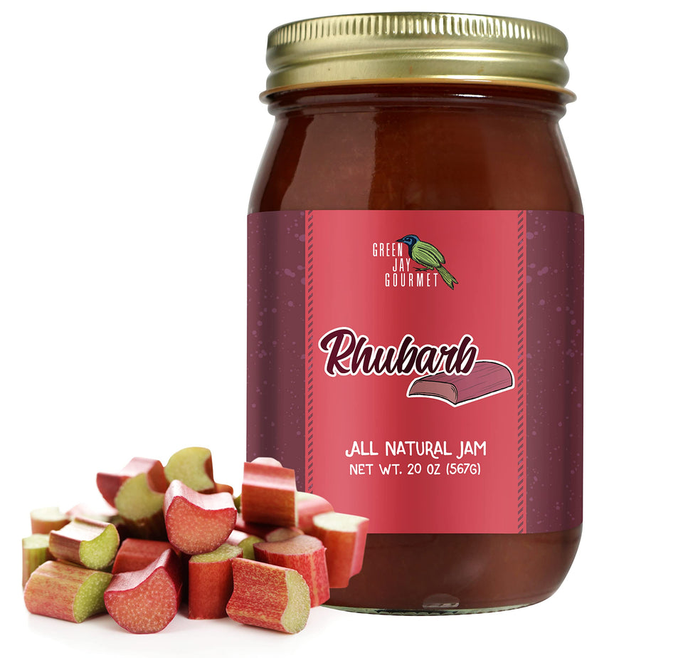 Green Jay Gourmet Rhubarb Jam bottle showcasing rich color and breakfast-worthy fruit flavor.