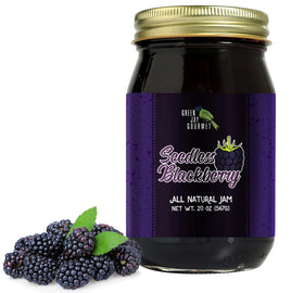 Green Jay Gourmet Seedless Blackberry Jam jar closeup; bold berry flavor for breakfast.