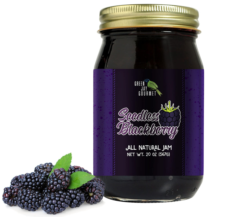 Green Jay Gourmet Seedless Blackberry Jam jar closeup; bold berry flavor for breakfast.