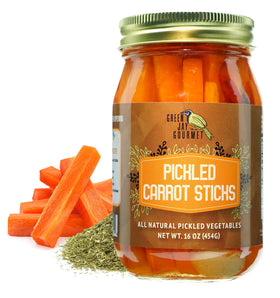 Green Jay Gourmet spicy pickled carrot sticks in a jar, bold crunch for salads.