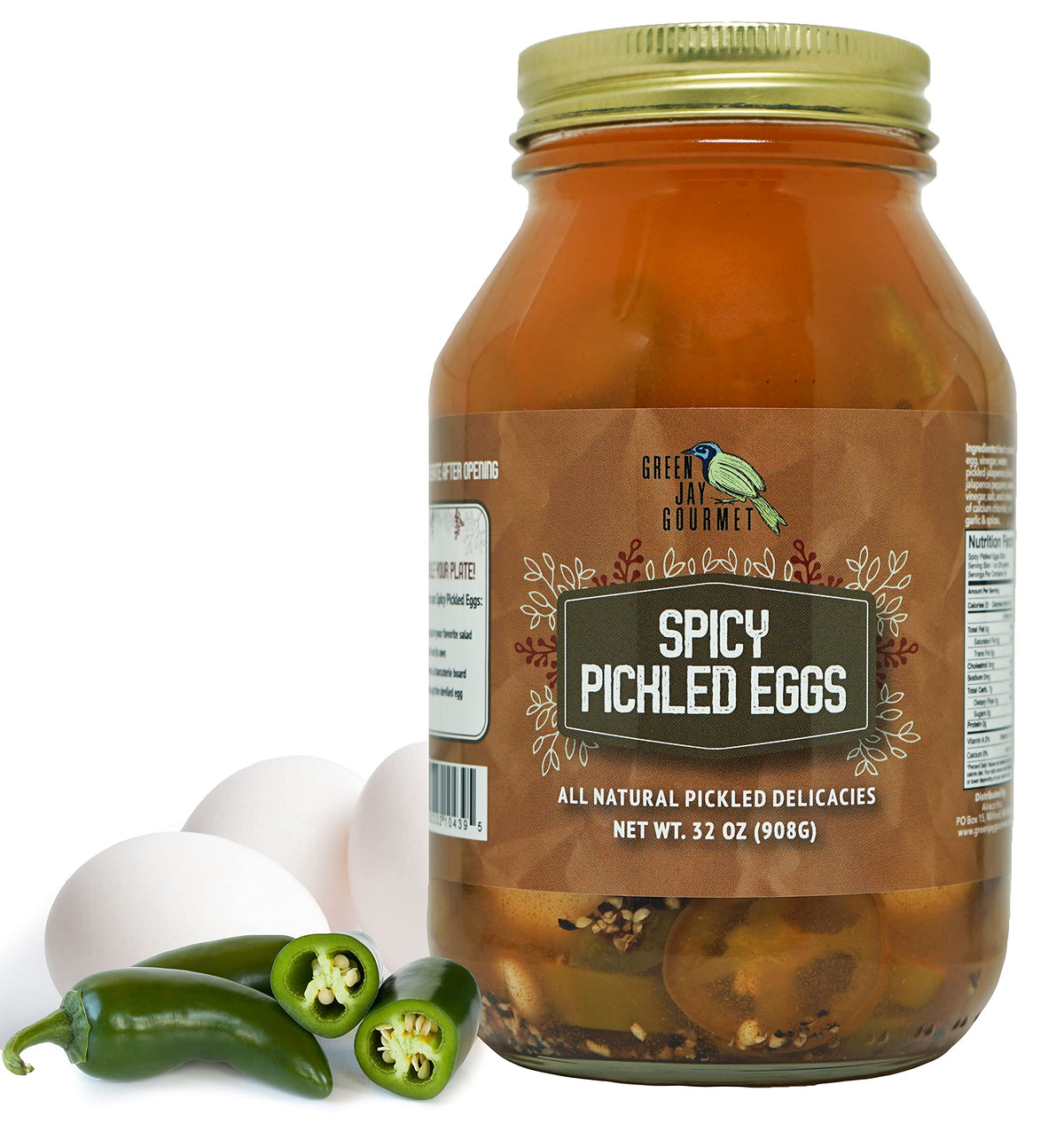 Green Jay Gourmet spicy pickled eggs in a jar for quick snacking and cooking
