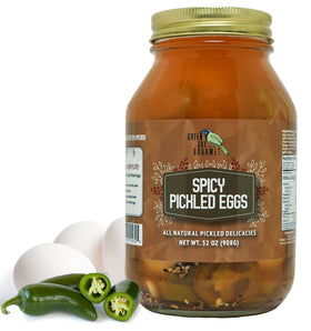 Green Jay Gourmet spicy pickled eggs in a jar for quick snacking and cooking
