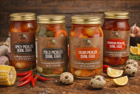 Green Jay Gourmet spiced quail eggs resting on jalapeños for bold flavor.