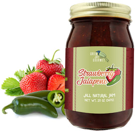Green Jay Gourmet Strawberry Jalapeno Jam jar closeup shows bold flavor for versatile meals.