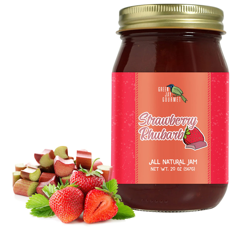 Green Jay Gourmet Strawberry Rhubarb Jam jar closeup highlighting natural ingredients and vibrant color for toast