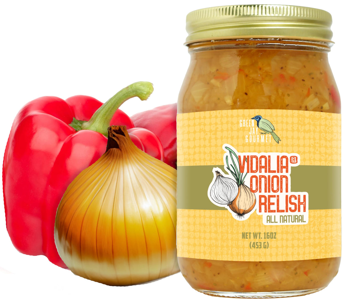 Green Jay Gourmet Vidalia Onion Relish jar with sweet, mild flavor for burgers and sides.