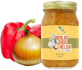 Green Jay Gourmet Vidalia Onion Relish jar with sweet, mild flavor for burgers and sides.