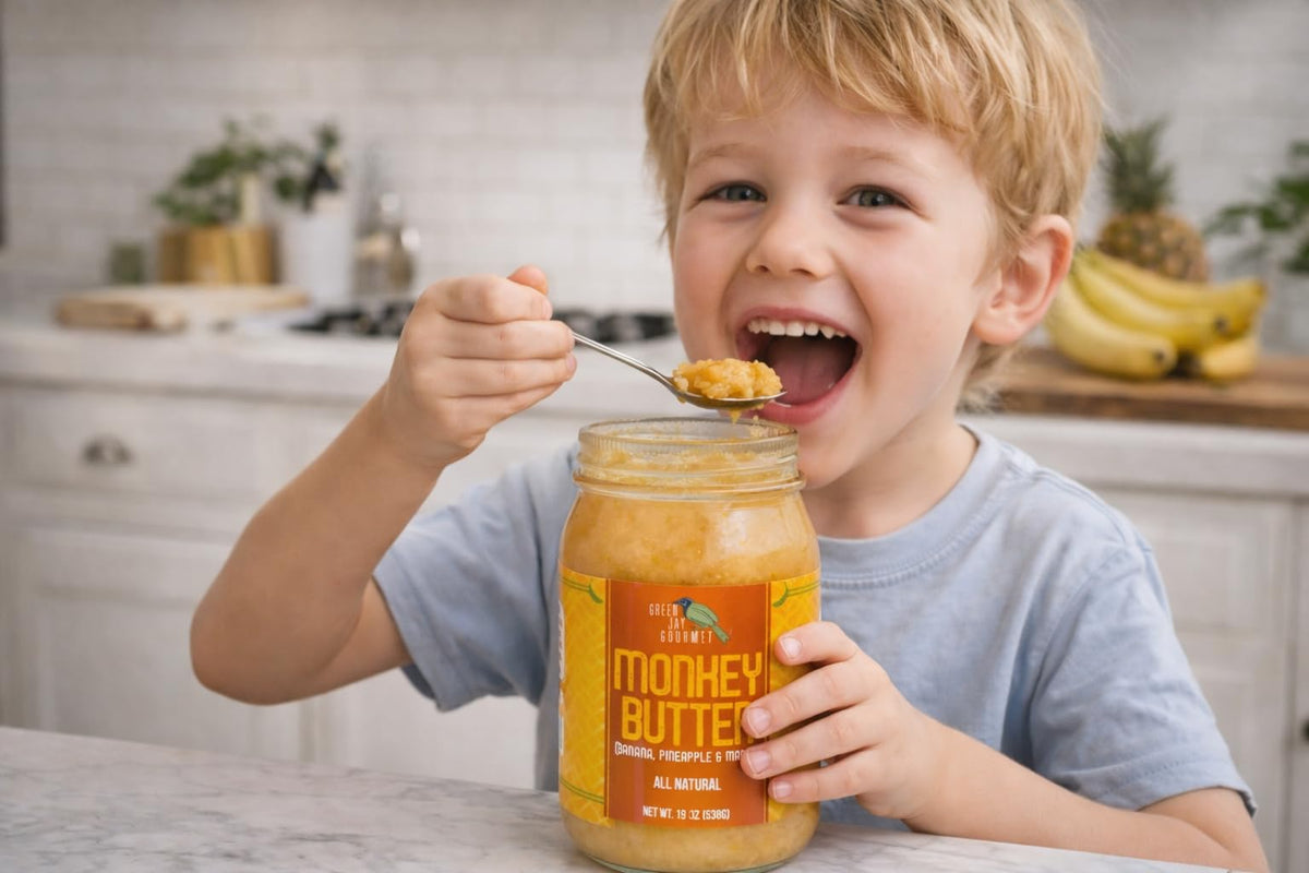 All-natural, gluten-free Monkey Butter ingredient label highlight.