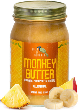 Green Jay Gourmet Monkey Butter jar, side view, all-natural spread with tropical fruit blend.