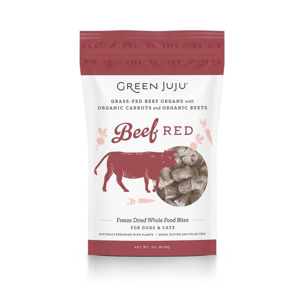 Green Juju Freeze Dried Beef Red 3 oz package, protein-rich snack ready for on-the-go