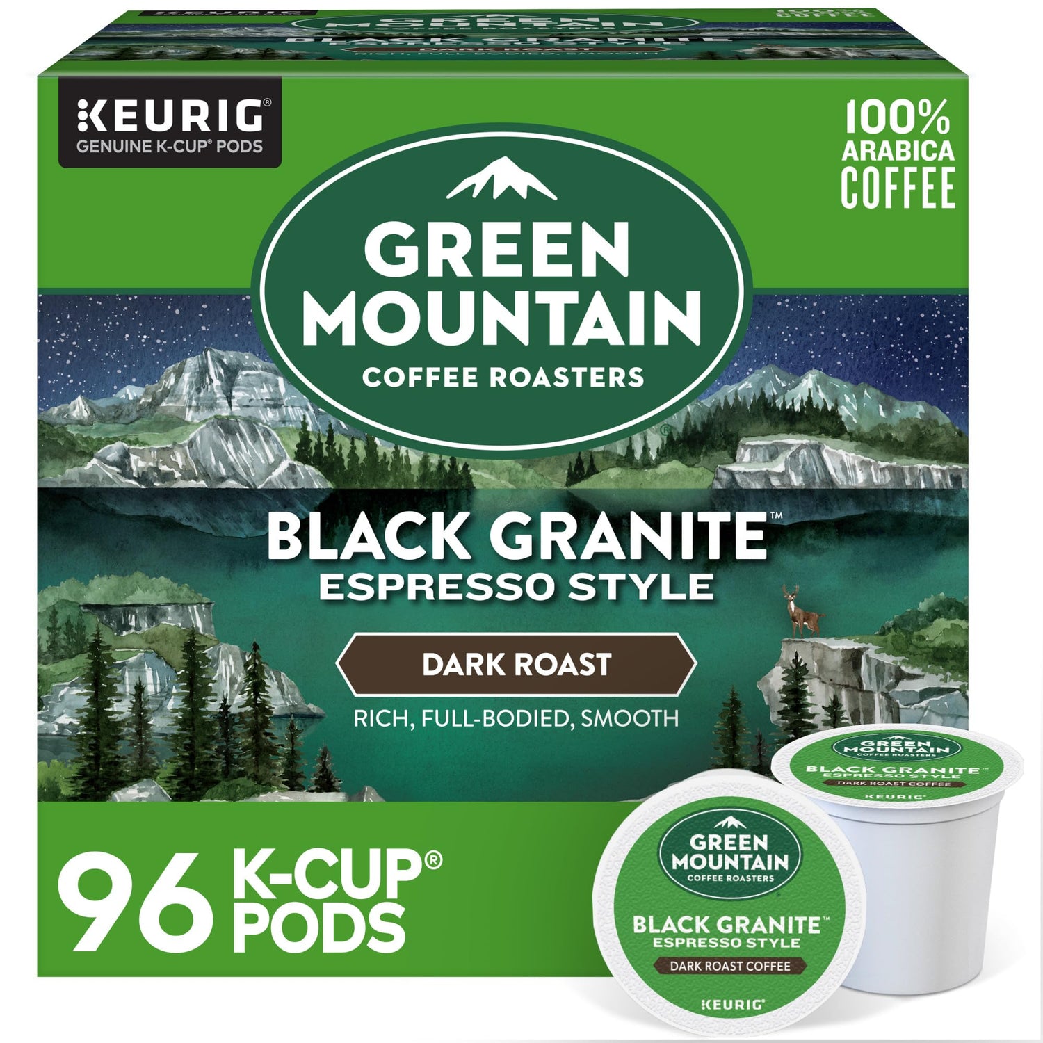 Green Mountain Black Granite espresso-style pod for Keurig, single-cup convenience.