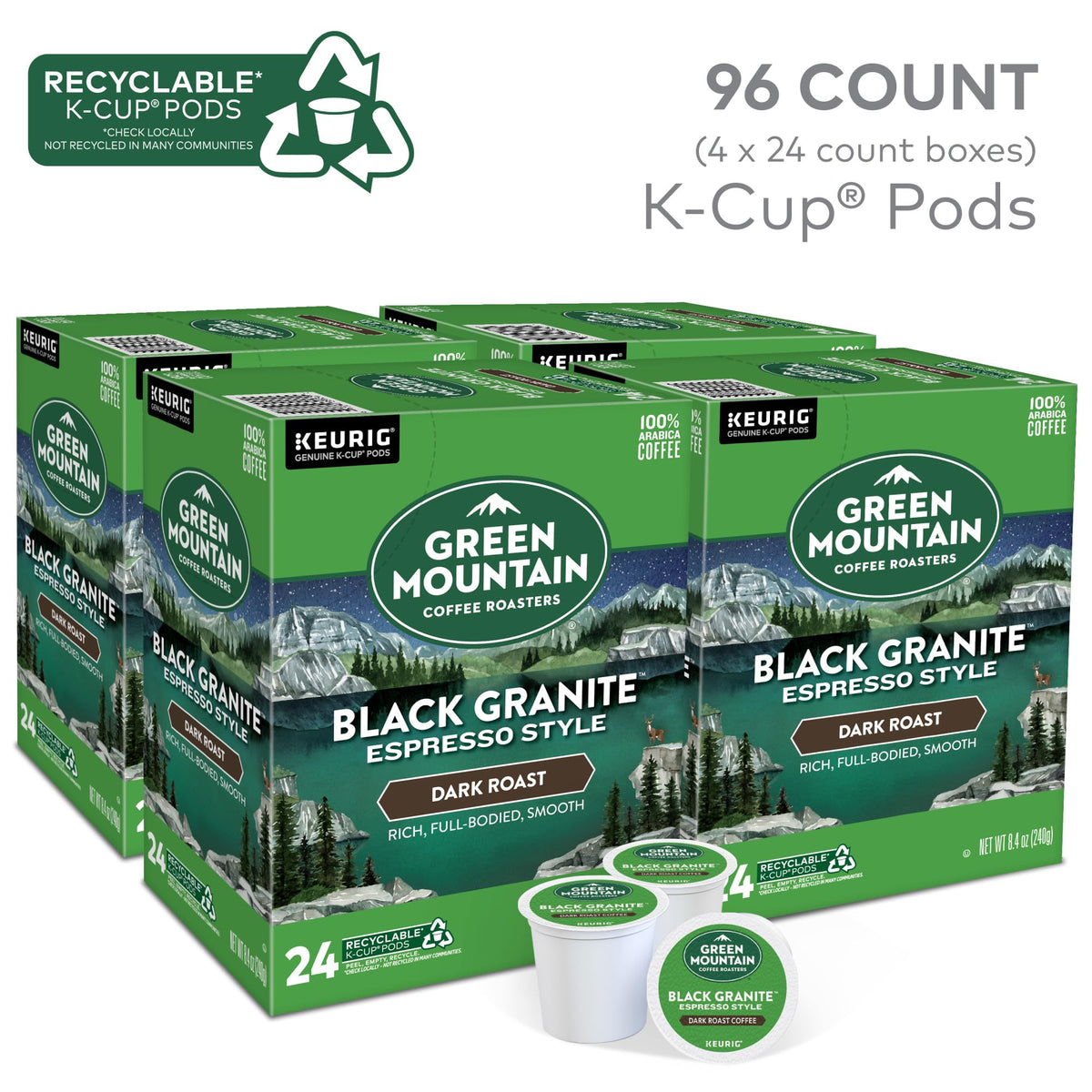Green Mountain Black Granite Keurig pod close-up highlighting bold espresso notes.