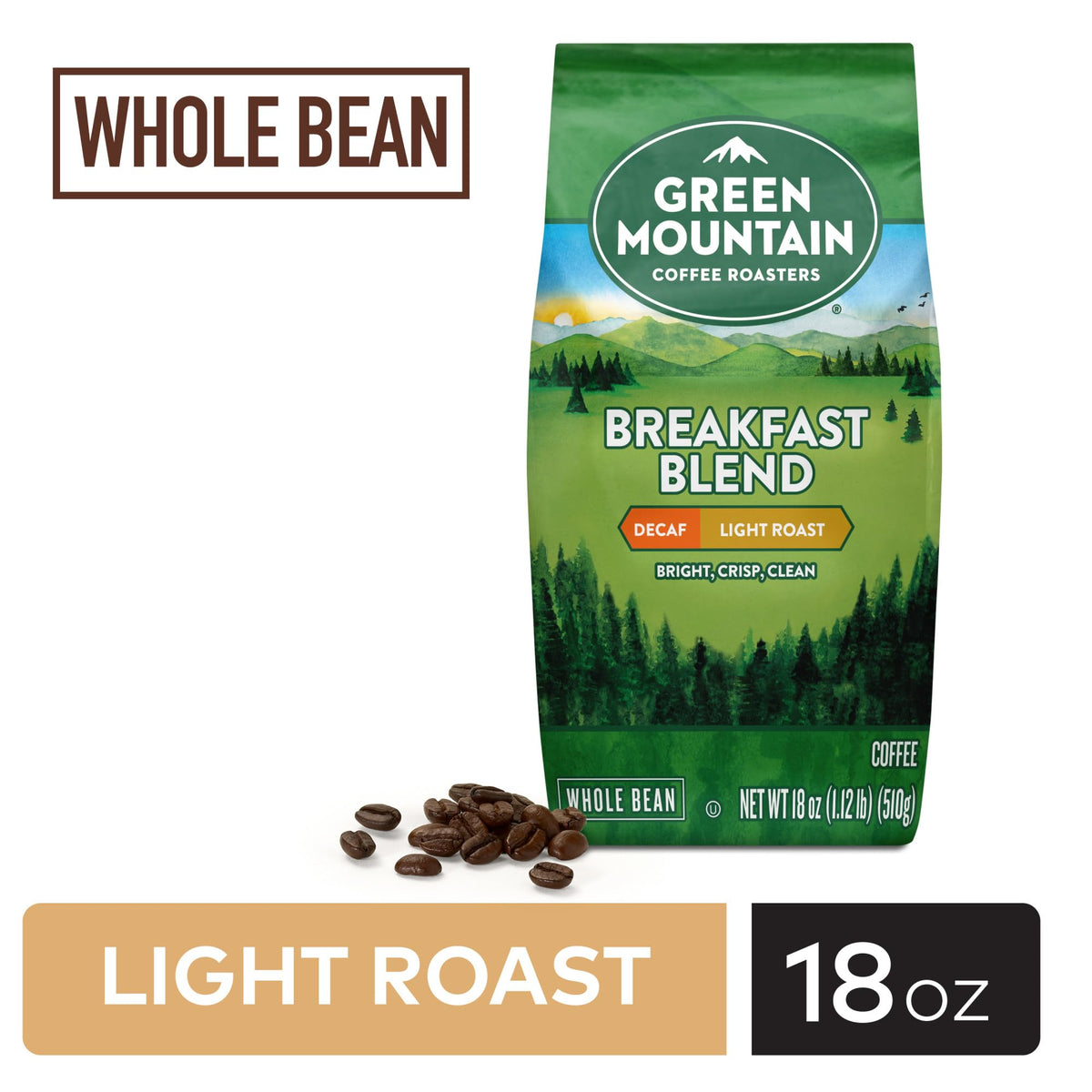 Green Mountain Breakfast Blend Decaf bag highlighting light roast and balanced flavor