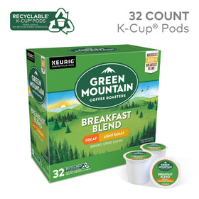 Green Mountain Breakfast Blend Decaf box front showing 32-count packaging.