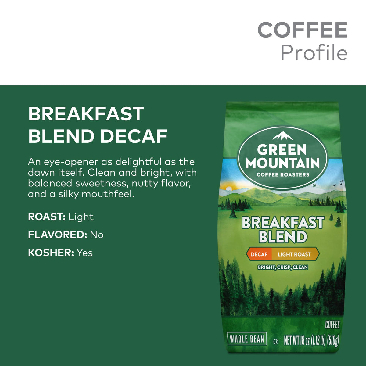 Green Mountain Breakfast Blend Decaf cup image evokes bright aroma for mornings