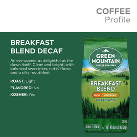 Green Mountain Breakfast Blend Decaf cup image evokes bright aroma for mornings