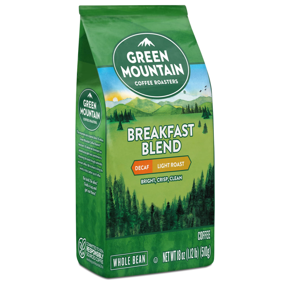 Green Mountain Breakfast Blend Decaf ground coffee ready to brew