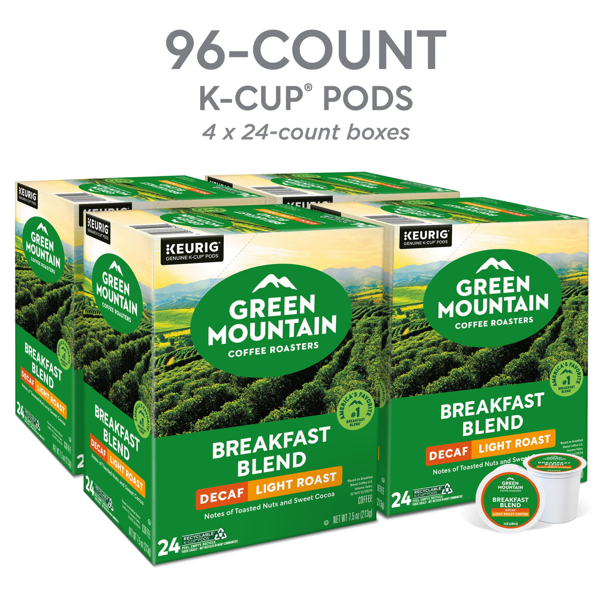 Green Mountain Breakfast Blend Decaf K-Cup packaging emphasizing recyclable pods and sourcing.