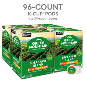 Green Mountain Breakfast Blend Decaf K-Cup packaging emphasizing recyclable pods and sourcing.