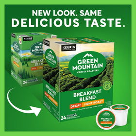 Green Mountain Breakfast Blend Decaf K-Cup pods close-up highlighting aroma and quality.