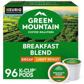 Green Mountain Breakfast Blend Decaf K-Cup pods close-up ready for quick, consistent morning brew.