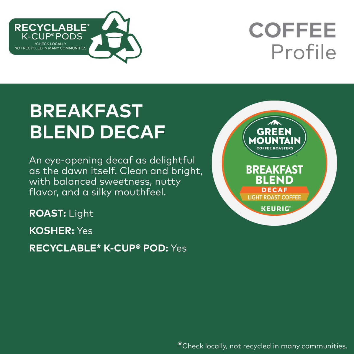 Green Mountain Breakfast Blend Decaf K-Cup close-up highlighting rich aroma.