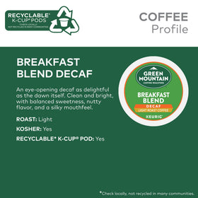 Green Mountain Breakfast Blend Decaf K-Cup close-up highlighting rich aroma.