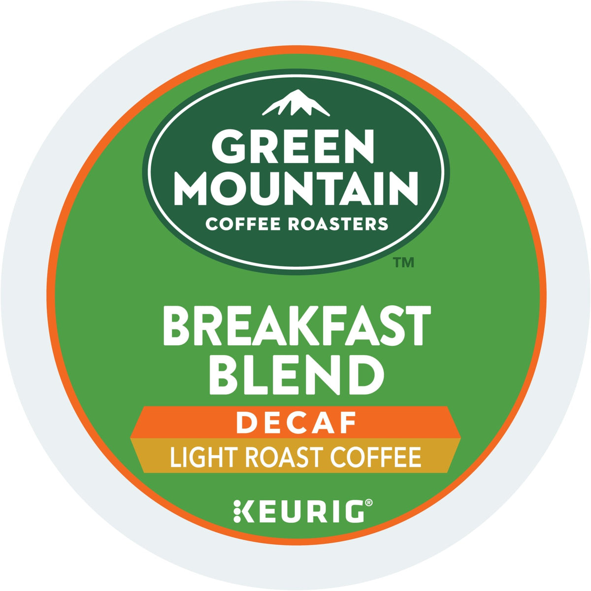 Green Mountain Breakfast Blend Decaf K-Cup pod ready for brewing, smooth and bright.