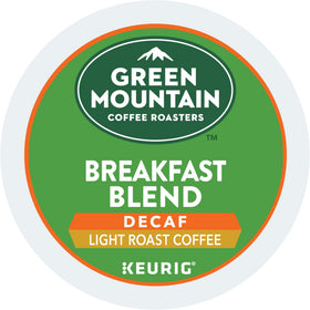 Green Mountain Breakfast Blend Decaf K-Cup pod ready for brewing, smooth and bright.