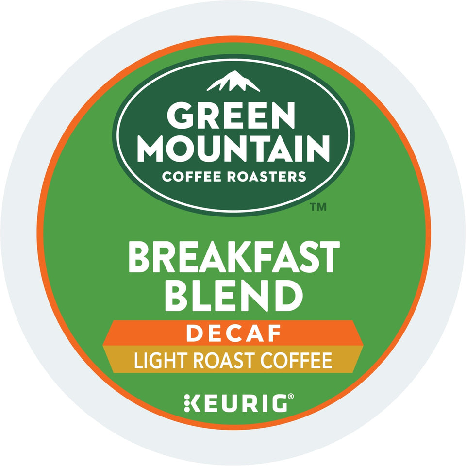 Green Mountain Breakfast Blend Decaf K-Cup pod ready for brewing, smooth and bright.