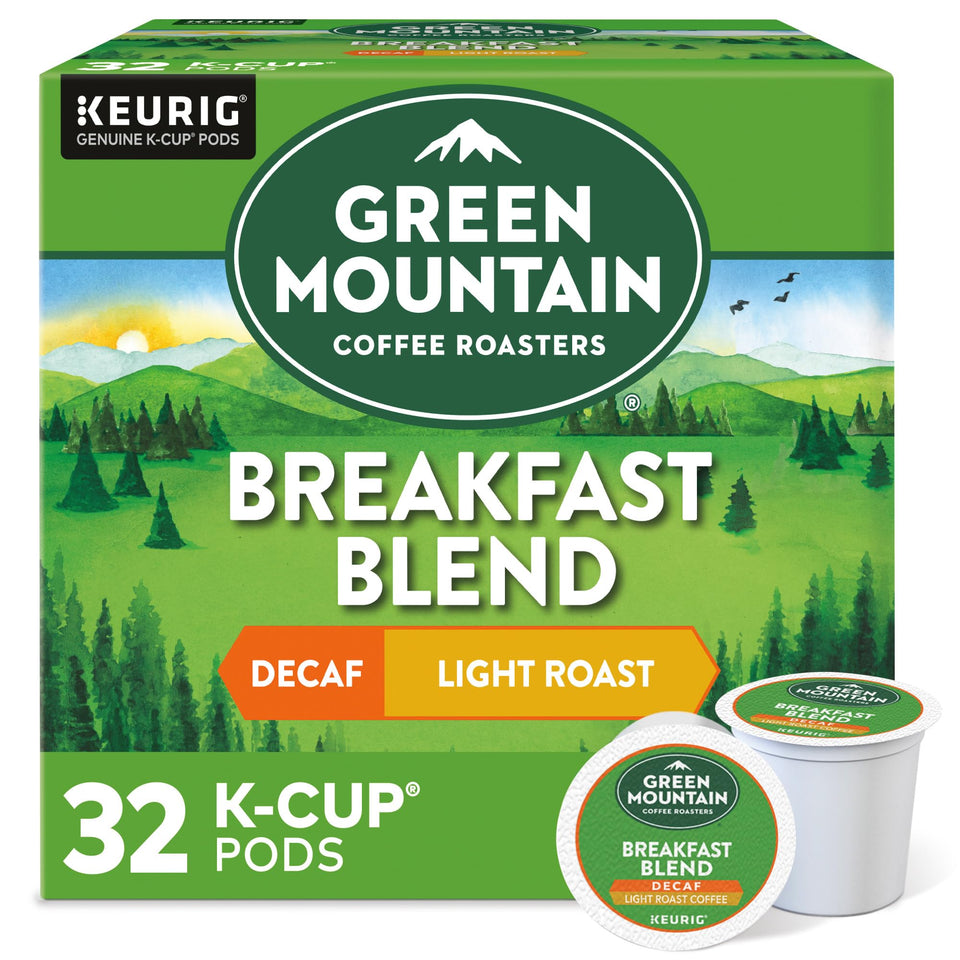 Green Mountain Breakfast Blend Decaf K-Cup pod for quick, smooth mornings.