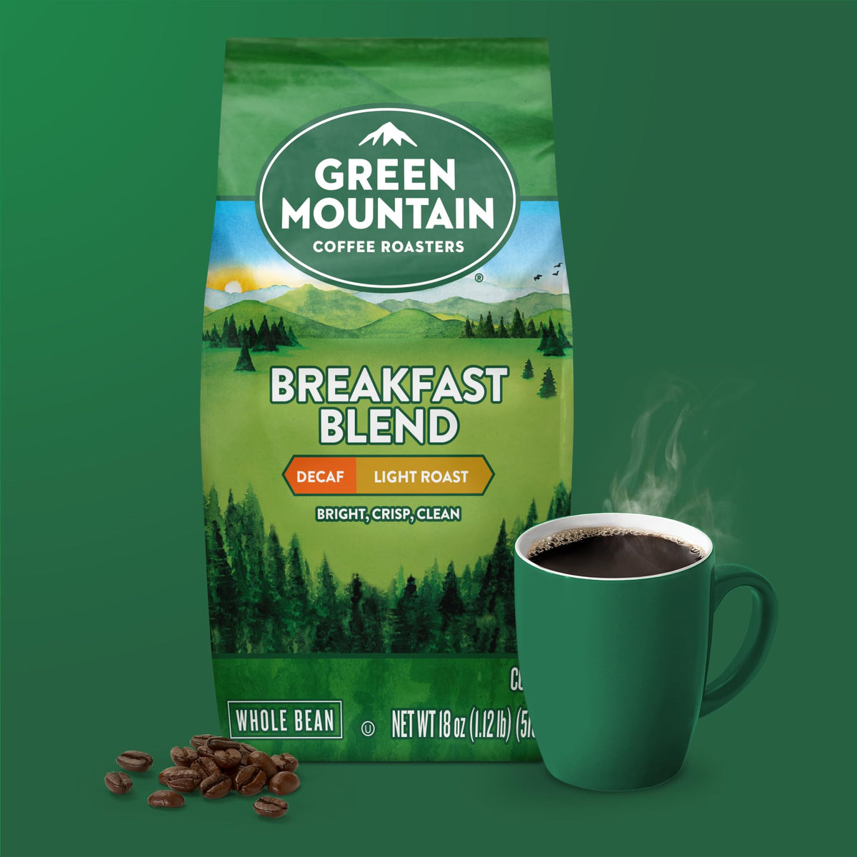 Green Mountain Breakfast Blend Decaf label with kosher certification confirms quality