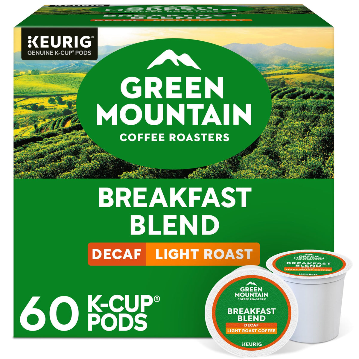 Green Mountain Breakfast Blend Decaf pack shot showing 60-count box for convenient mornings