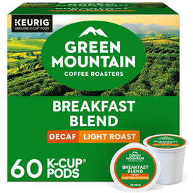 Green Mountain Breakfast Blend Decaf pack shot showing 60-count box for convenient mornings
