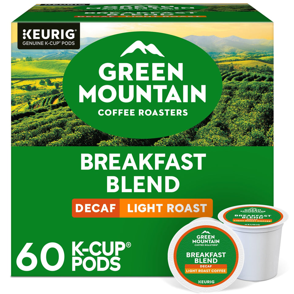 Green Mountain Breakfast Blend Decaf pack shot showing 60-count box for convenient mornings