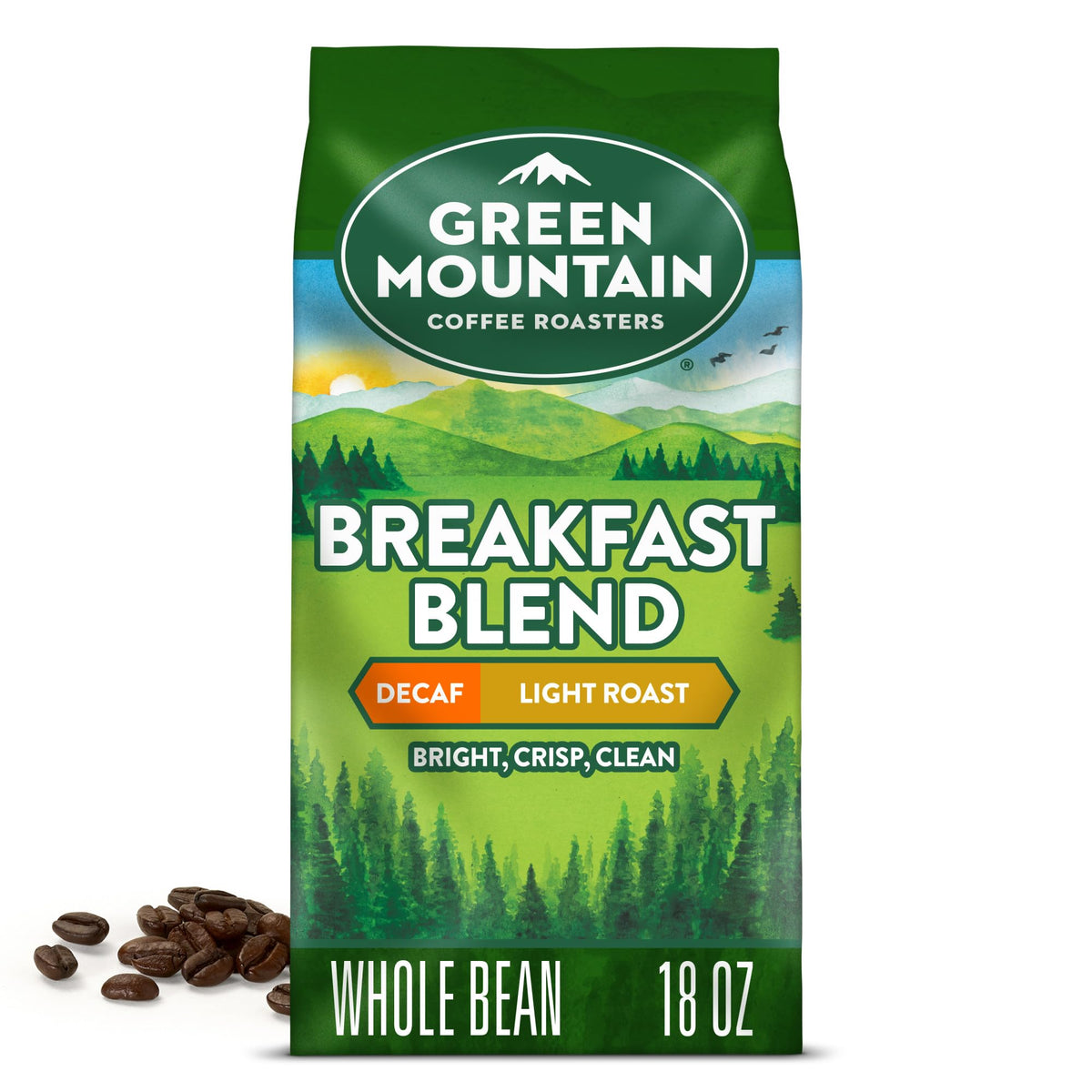 Green Mountain Breakfast Blend Decaf package showing sustainable sourcing for a smooth morning