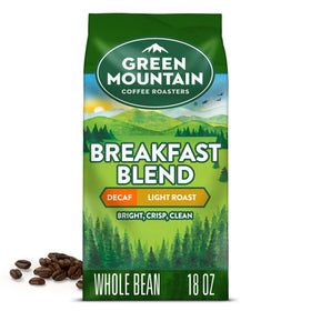 Green Mountain Breakfast Blend Decaf package showing sustainable sourcing for a smooth morning