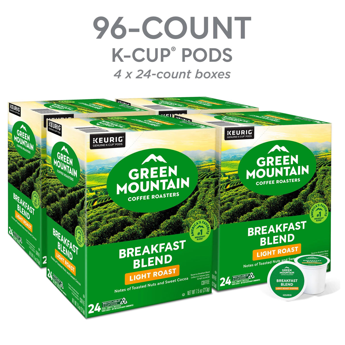 Green Mountain K-Cup box shows compatibility with Keurig machines and fresh ground coffee.