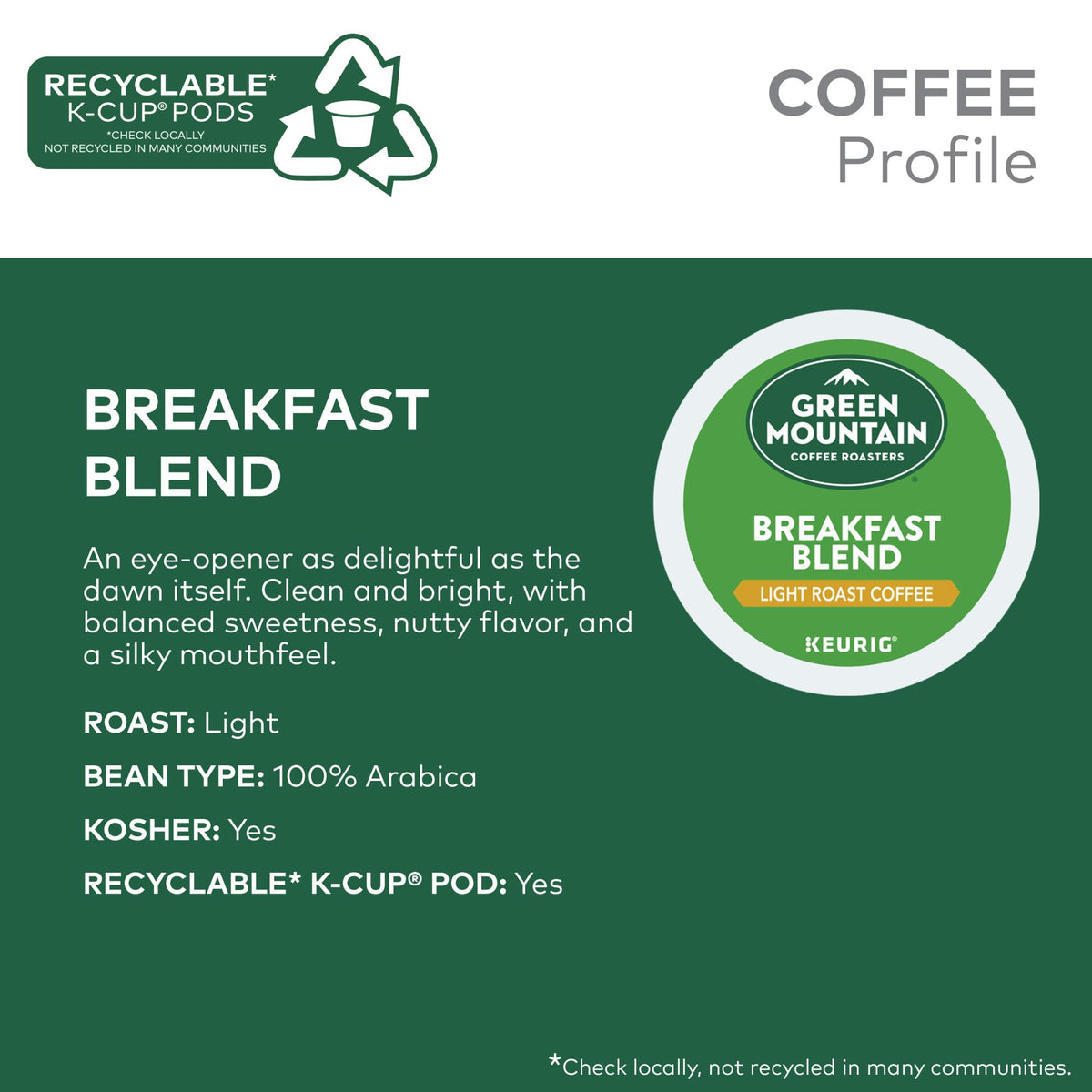 Green Mountain Breakfast Blend K-Cup pod used in Keurig for a quick cup.