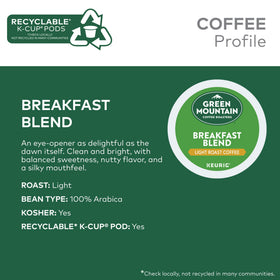 Green Mountain Breakfast Blend K-Cup pod used in Keurig for a quick cup.