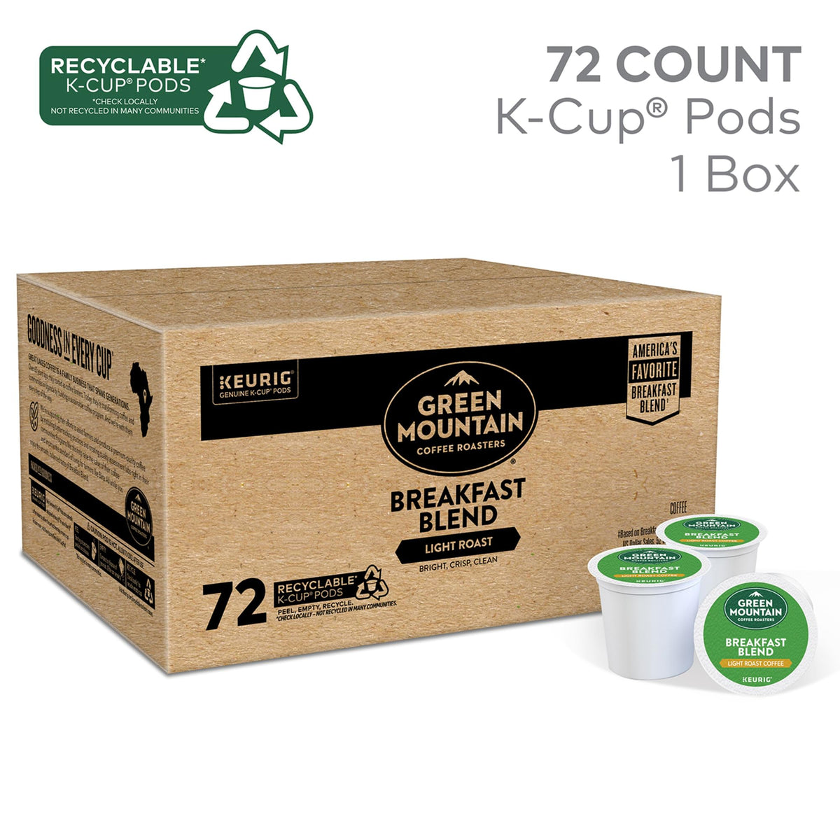 Green Mountain Breakfast Blend packaging highlighting sustainable sourcing and Kosher certification.
