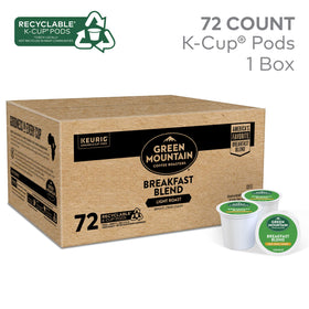Green Mountain Breakfast Blend packaging highlighting sustainable sourcing and Kosher certification.
