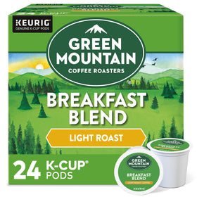 Green Mountain Breakfast Blend K-Cup pod close-up for a quick, easy morning cup.