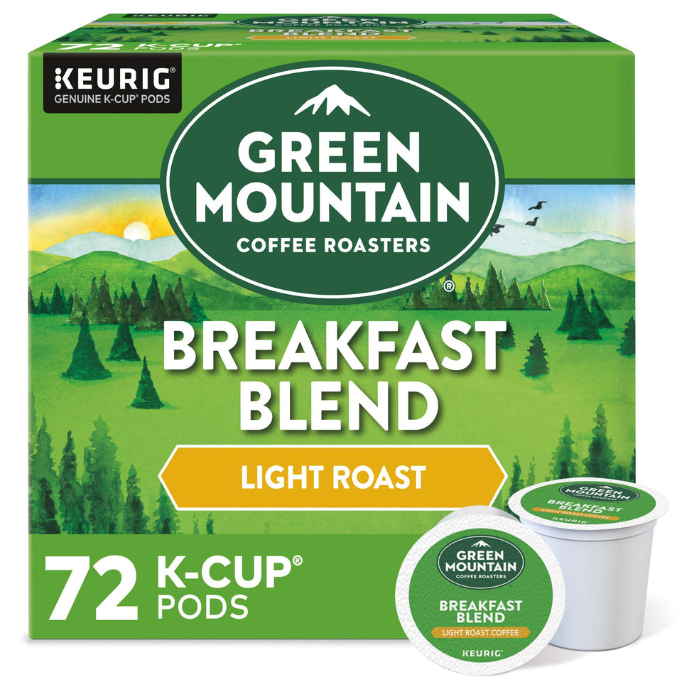Green Mountain Breakfast Blend K-Cup pod showing 100% Arabica beans and bright aroma.