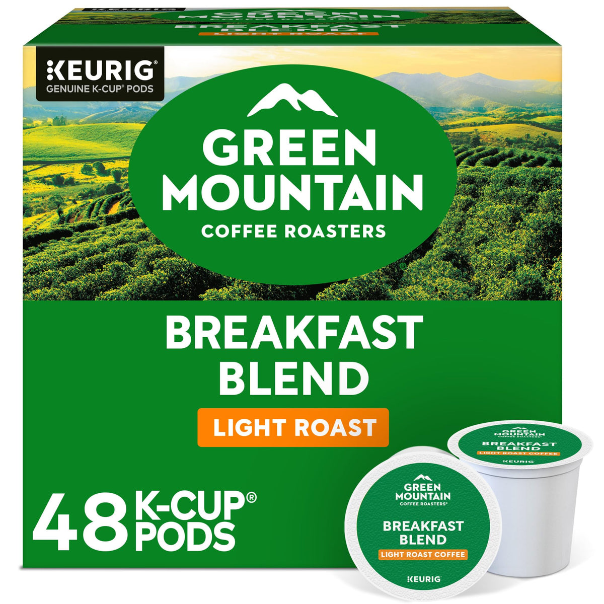 Green Mountain Breakfast Blend K-Cup pods brew a smooth, balanced morning cup.