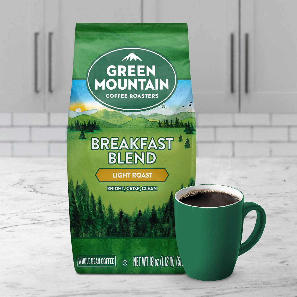 Green Mountain Breakfast Blend kosher-certified packaging affirms quality without compromise.