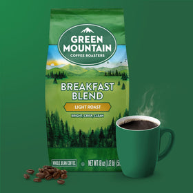 Green Mountain Breakfast Blend light roast coffee showcases clean, crisp notes.
