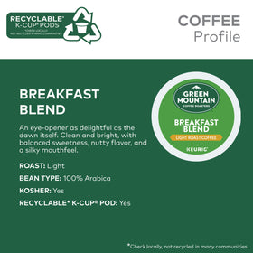 Green Mountain Breakfast Blend packaging on shelf, highlighting convenient 24-count packaging.