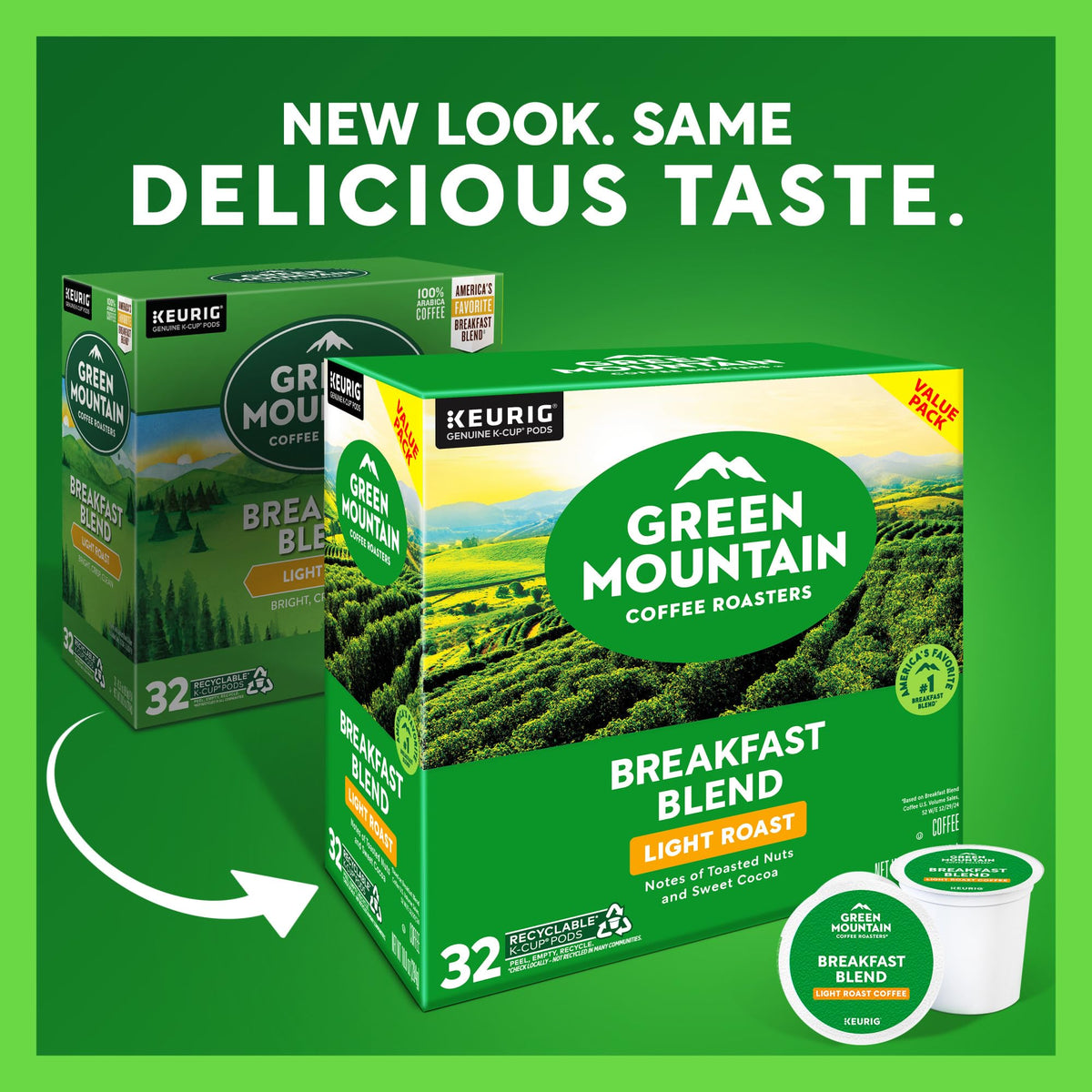 Packaging of Green Mountain Breakfast Blend highlighting recyclable K-Cup pods.
